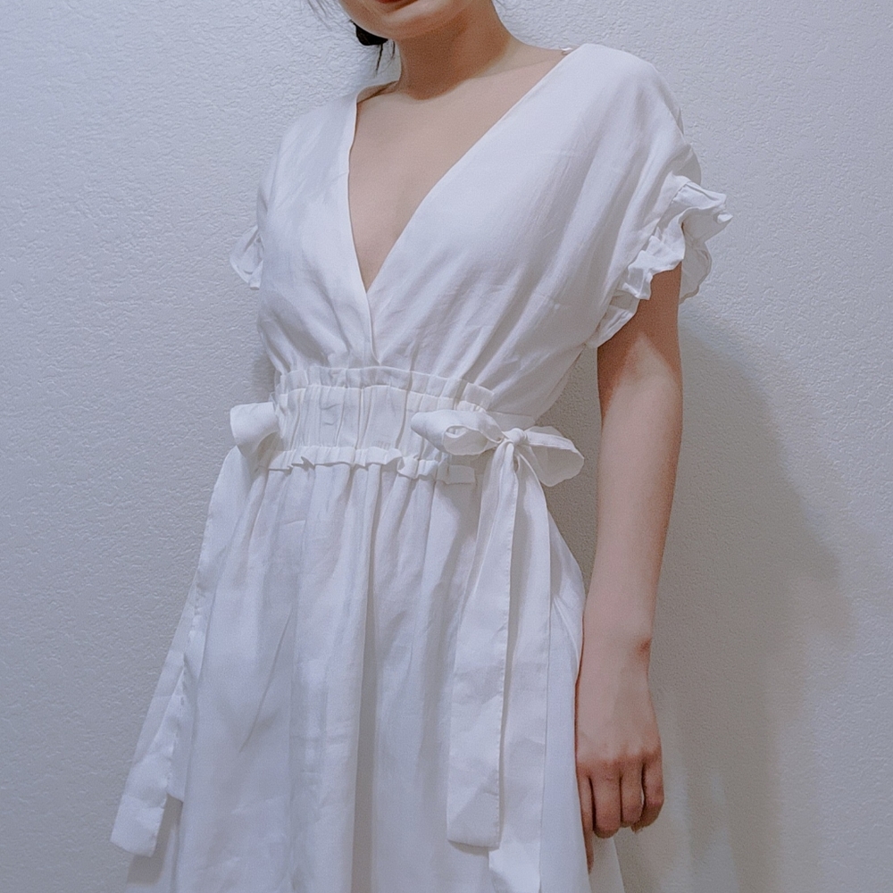 Zara Flowy Summer Little White Dress with Bows (Mini Babydoll Dress)
